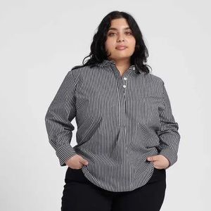 Universal Standard Elbe Popover Stretch Poplin Shirt M(18/20) black/white stripe